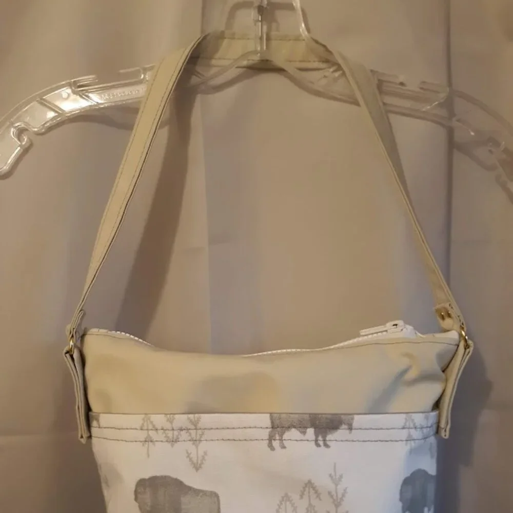 NEW Southwestern Faux Leather & Canvas Buffalo print mini Tote bag Purse Ivory - Picture 2 of 10